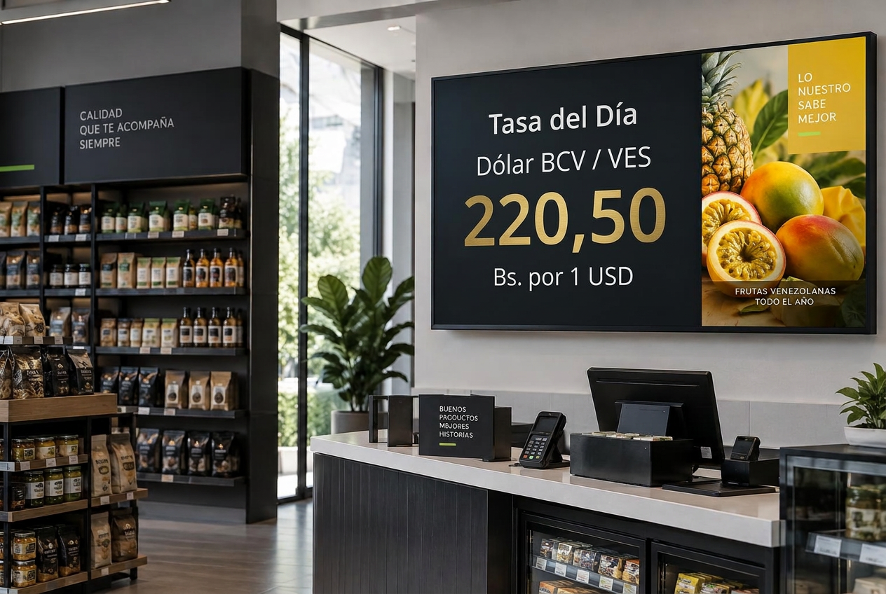 Ejemplo ilustrativo de una pantalla BCV y publicidad en un comercio